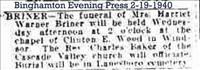 Briner, Harriet (Warner) Funeral Notice